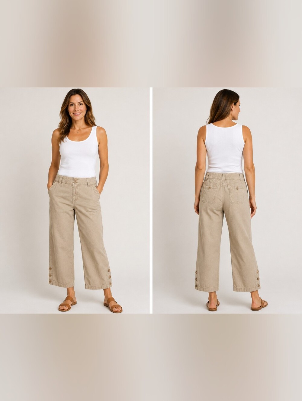 Wide-Leg Button-Hem Pants in Beige